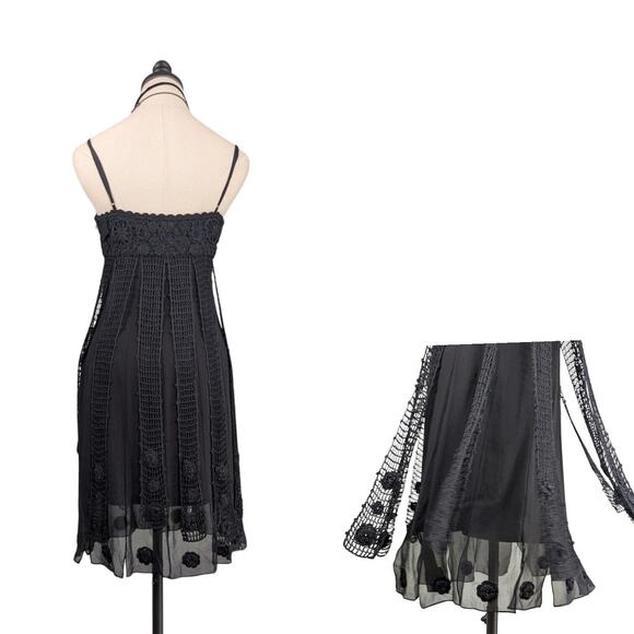 Vintage Sue Wong Mini Dress Cocktail Gown 4 Black Crochet Fairy Goth 90s Y2K - Picture 2 of 16